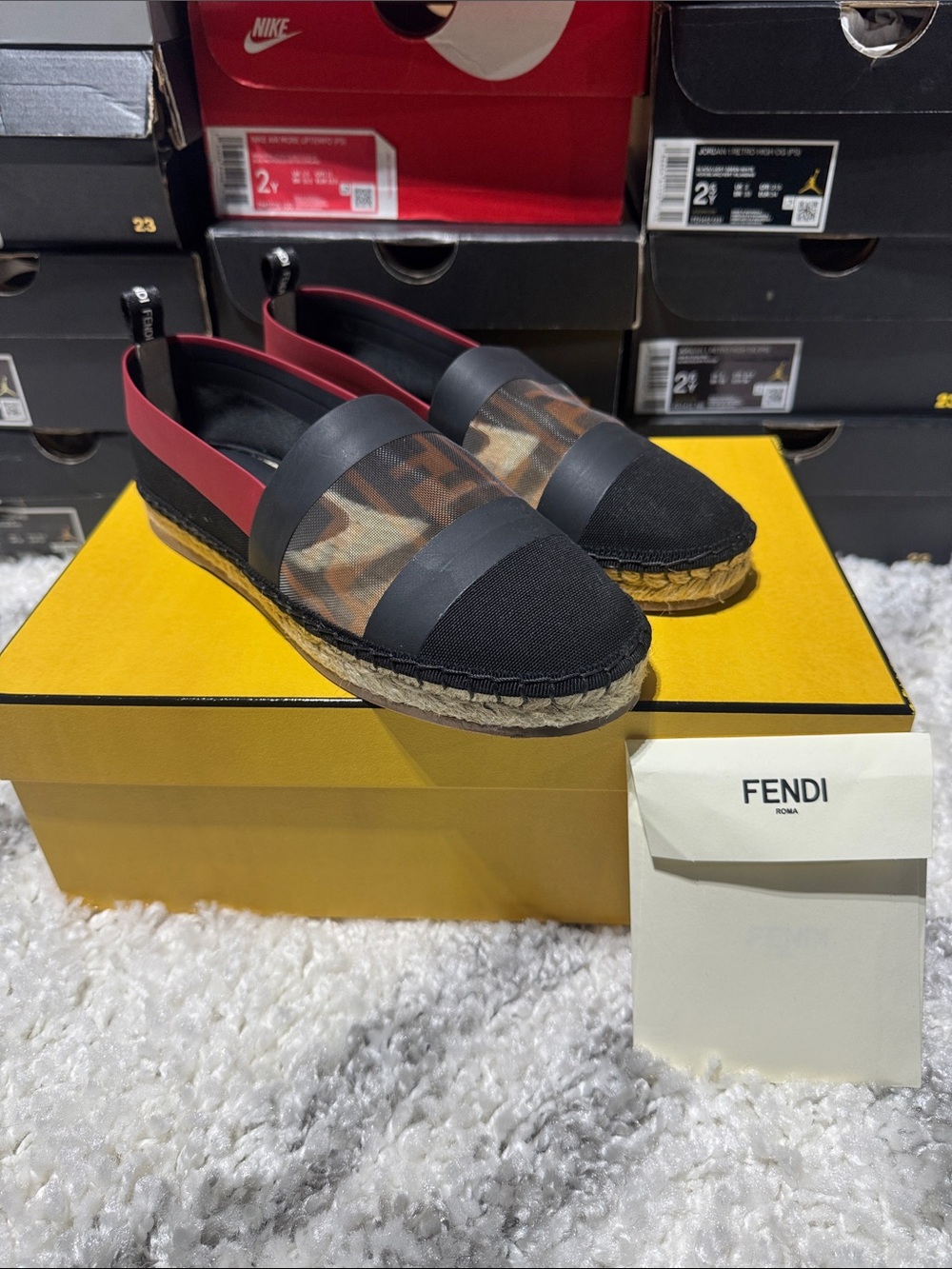 Fendi Black, Camouflage & Red Espadrille Slip-On Shoes